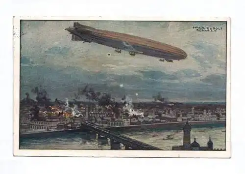 Künstler Ak Hans Rudolf Schulze Luftschiff Zeppelin über Berlin