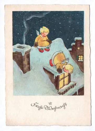 Künstler Ak Frohe Weihnacht 1941 Kinder Engel auf dem Hausdach im Schnee