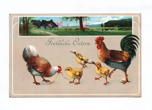 Ak Fröhliche Ostern Henne und Hahn mit Küken 1916