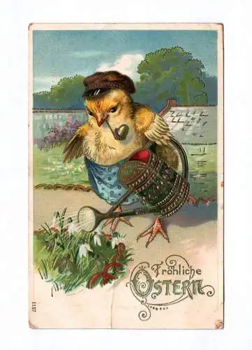 Litho Ak Fröhliche Ostern vermenschlichtes Küken gießt Blumen goldgeprägt 1911