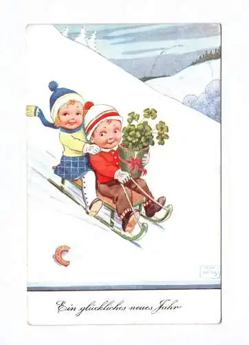 Künstler Ak Ein glückliches Neues Jahr Joh Wills 1938 Kinder Glücksklee Schnee