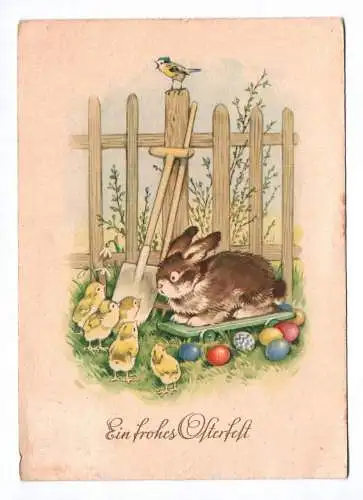 Künstler Ak Ein frohes Osterfest 1957 Osterhase mit Küken im Garten