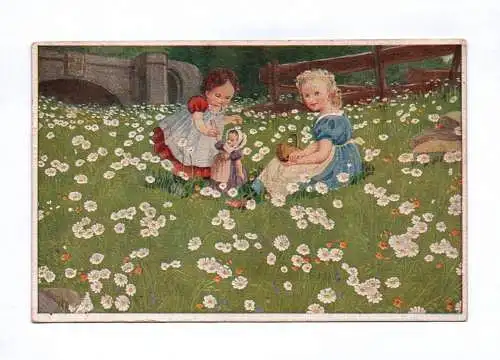 Knstler Ak Galerie Münchner Meister 1921 Kinder Mädchen mit Puppe Blumenwiese