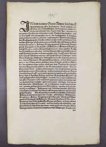 Alter Druck 1495 Inkunabel König Maximilian 
