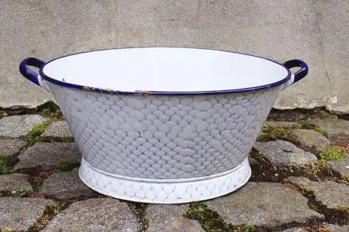 Alte Email Wanne Wabenmuster Netzdekor Blau Weiß Behälter Pfanzgefäß