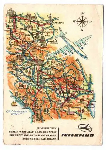 Ak Flugstrecken der Interflug Berlin-Warschau-Prag-Budapest und Bukarest-Sofia