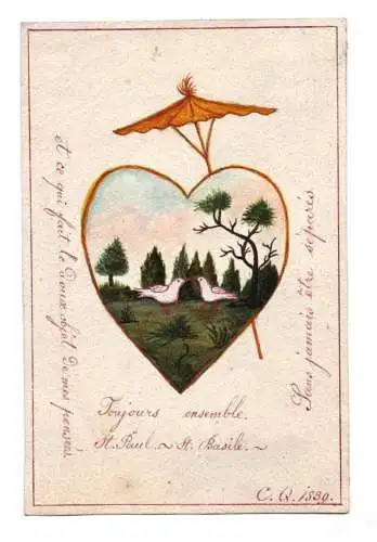 Heiligenbild 1839 Heiliger Paulus Basilius handgemalt Büttenpapier holy card