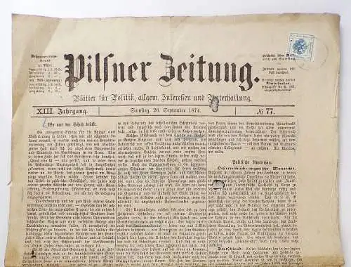 Pilsener Zeitung 1874 mit Zeitungsstempelmarke Österreich 1 Kreuzer