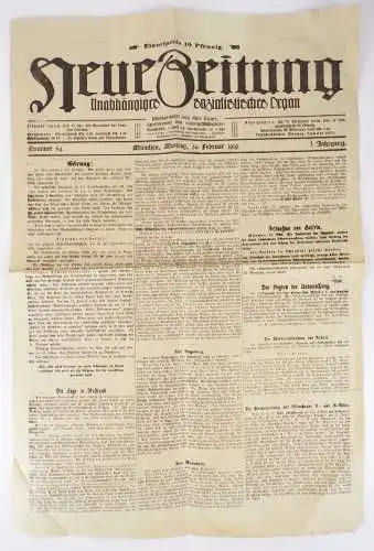 Neue Zeitung Unabhängiges sozialistisches Organ 1919 Nr 54 erster Jahrgang SPD