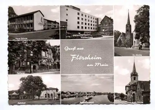 Ak Gruß aus Flörsheim Neue Schule Evangelische Kirche 1952 Bahnhof
