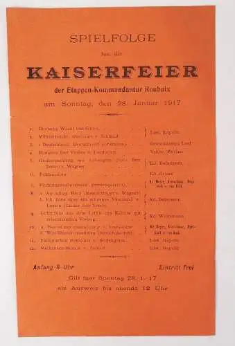 Dokument Spielfolge für die Kaiserfeier der Etappen Kommandantur Roubaix 1917