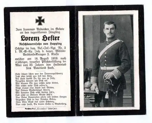 Sterbebild 1 Wk Schütze RIR 3 MG Komp. Militär Verdienstkreuz 1918