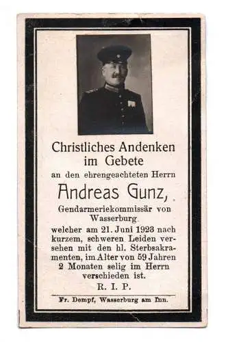Sterbebild Gendarmerie Kommissär Wasserburg 1923 