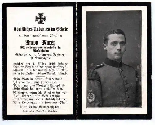 Sterbebild 1 Wk Schrapnellverletzung Rosenheim 1916 Ärmelabzeichen
