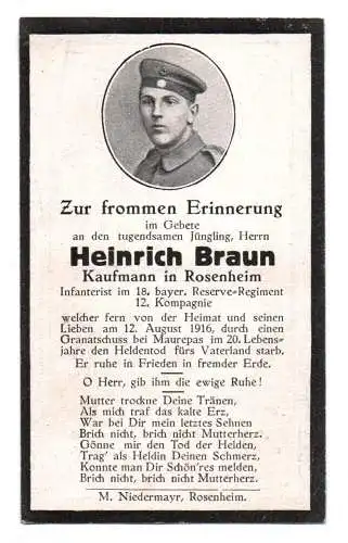 Alter Sterbebild Kaufmann Rosenheim 18 RIR Granatschuss Maurepas