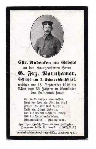 Altes Sterbebild Schütze 1 Schneeschuh Bataillon 1916 Rumänien