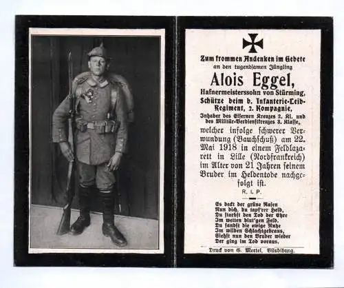Altes Sterbebild Stürming Schütze Infanterie Leib Regiment EK II Verdienstkreuz