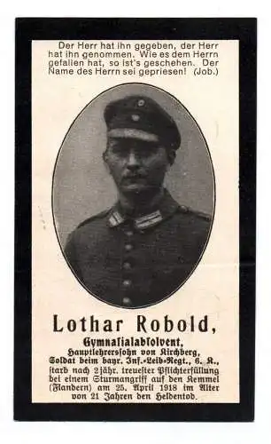 Altes Sterbebild 1918 Kirchberg bayer Infanterie Leib Regiment 6 Kemmel Flandern