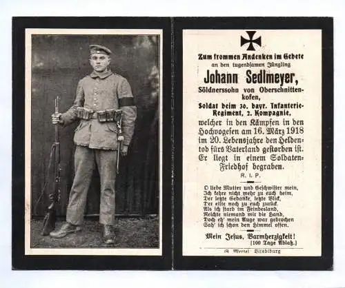 Sterbebild death card 30 IR Kämpfe in Hochvogesen 1918