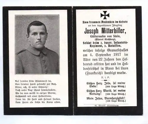 Sterbebild Gütlerssohn von Stein Kirchberg 3 IR Mons bei Laon France