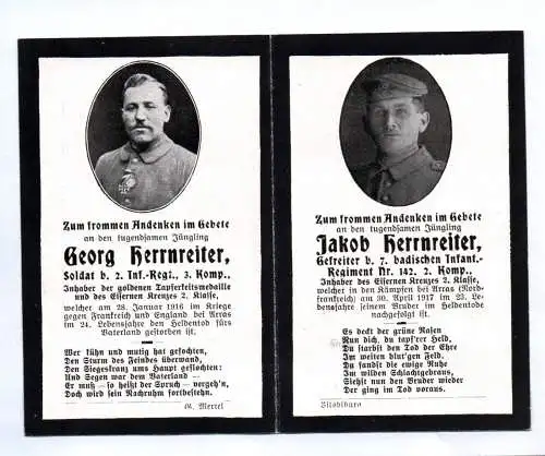 Sterbebild Brüder 1 Wk Auszeichnungen bei Arras gefallen 2 IR und 7 badisches IR