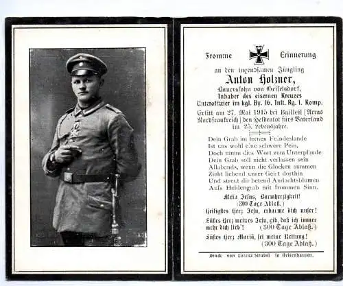 Sterbebild 1 Weltkrieg Geiselsdorf EK Unteroffizier Bayern 17 IR Bailleil Arras