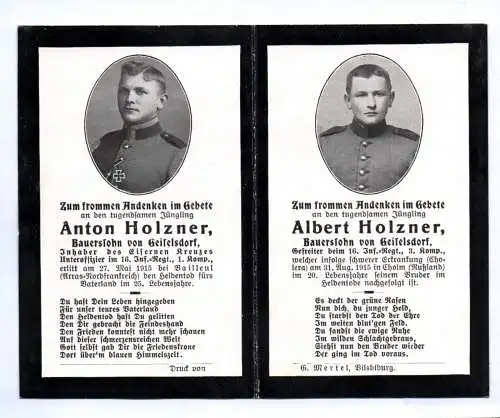 Sterbebild 1 Wk Brüder Geiselsdorf 16 IR Bailleul Arras und Cholm Russland