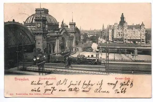 Litho Ak Dresden Hauptbahnhof Dampflok Kaiser Cafe 1903