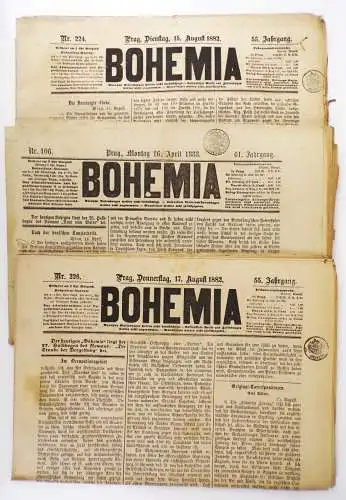 3 x Bohemia Zeitung Prag 1882 - 1888 Böhmen Zeitungsstempel Fiskal