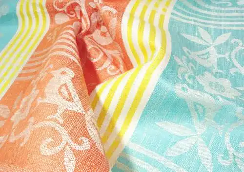 Altes Halb Leinen Geschirrtuch Gelb Rot Grün Bunt Vogel Motiv vintage 