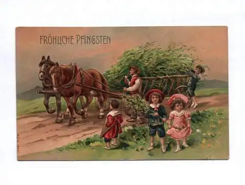 Künstler Ak Fröhliche Pfingsten Kinder mit Vater und Pferde Kutsche am Felde