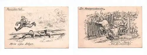 Künstler Ak Georg Scheffler Der Kompagnieschneider Feuerüberfall 2 Stück 1917