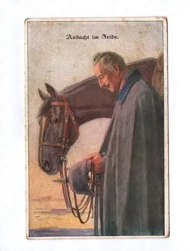 Künstler Ak Andacht am Felde 1 Wk Soldat mit Pickelhaube und Pferd