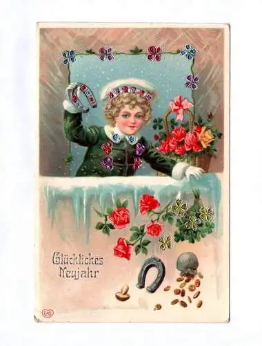 Künstler Ak Glückliches Neujahr 1911 Kind mit Hufeisen und Blumen