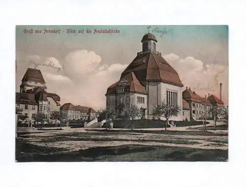 Künstler Ak Gruß aus Arnsdorf Blick auf die Anstaltskirche