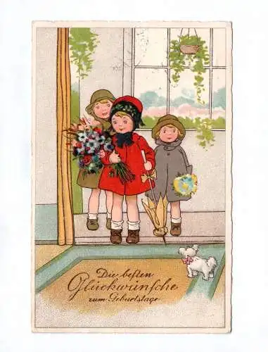 Künstler Ak Die besten Glückwünsche zum Geburtstage 1931 3 Mädchen mit Blumen