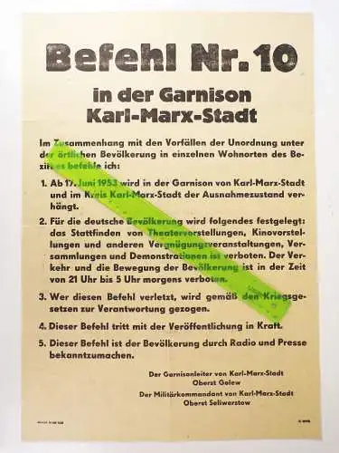 Befehl Nr 10 Aushang Volksaufstand der DDR 1953 Karl Marx Stadt