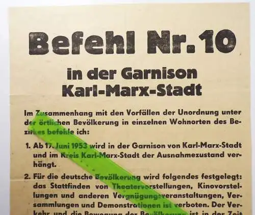 Befehl Nr 10 Aushang Volksaufstand der DDR 1953 Karl Marx Stadt