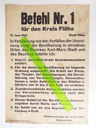 Aushang Befehl Nr 1 Kreis Flöha 1953 Tschereschnew Ausnahmezustand