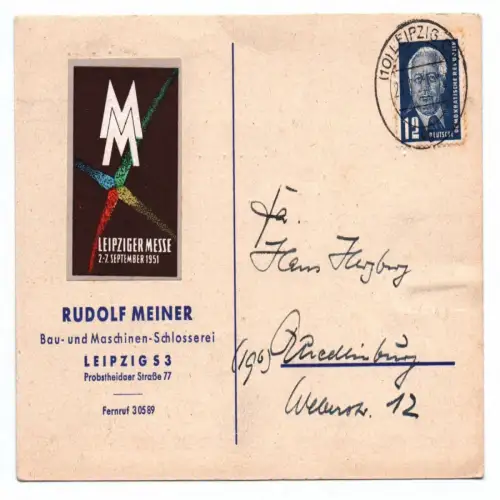 Postkarte Leipziger Messe 1951 Rudolf Meiner Maschinen Schlosserei