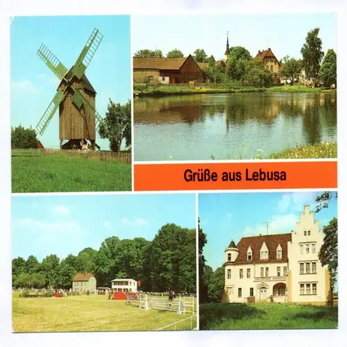 Ak Grüße aus Lebusa 1987 Kreis Herzberg Blockwindmühle Teilansicht Reitplatz