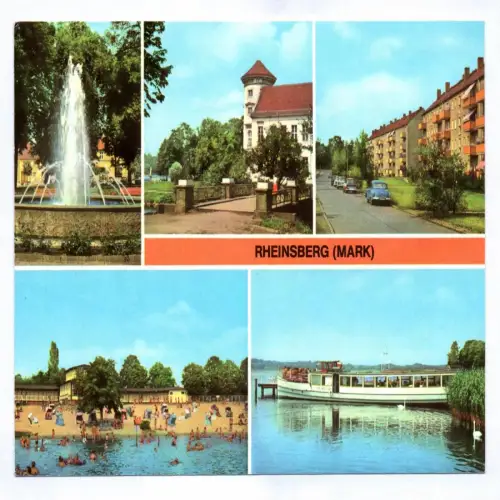 Ak Rheinsberg Mark 1981 Springbrunnen am Platz Befreiung Schloß Freibad