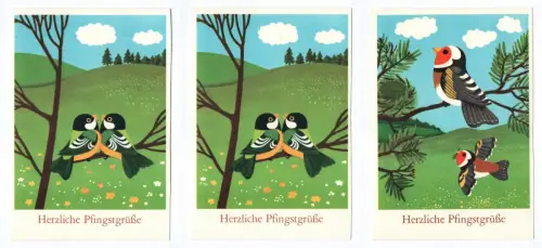 Künstler Ak Herzliche Pfingstgrüße 3 Stück 1972 Vögel in der Natur