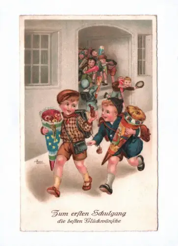 Künstler Ak Zum ersten Schulgang die besten Glückwünsche 1944 Schulkinder