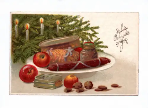 Künstler Ak Die besten Weihnachtsgrüße 1935 Wurst Äpfel Weihnachtsbaum