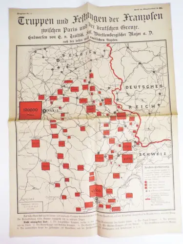 Karte Truppen und Festungen der Franzosen Paris und Grenze 1 Wk WW1 Flugblatt