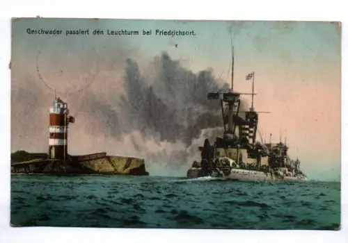 Ak Geschwader passiert den Leuchtturm bei Kiel Friedrichsort 1911 Marine