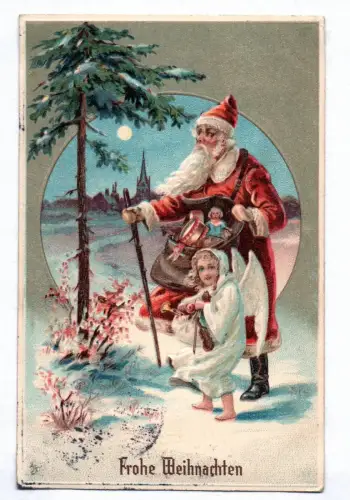 Ak Weihnachtsmann mit Engel Frohe Weihnachten geprägt