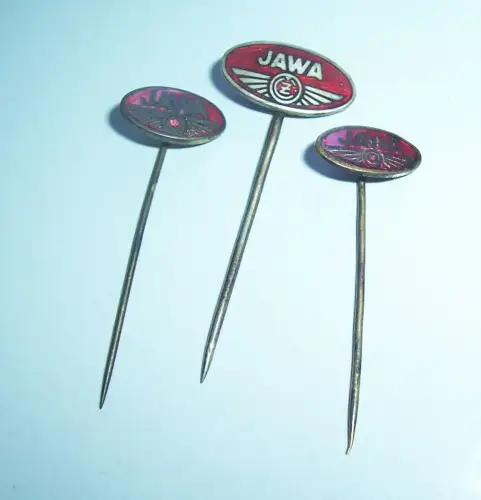 3 emaillierte Anstecknadeln Nadelns Pins JAWA Motorrad um 1950 !