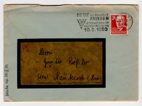 DDR Brief mit Stempel VVN Internationaler Gedenk und Friedenstag 1950